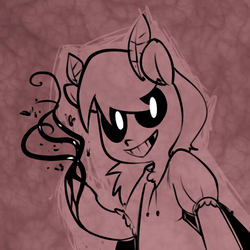 Size: 600x600 | Tagged: safe, artist:anonymous, oc, oc only, mothpony, original species, semi-anthro, black goo, blouse, creepy, creepy grin, female, gap teeth, grin, looking at you, mare, raised hoof, smiling, solo