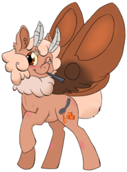 Size: 691x940 | Tagged: safe, artist:anonymous, oc, oc only, oc:caramel, mothpony, original species, pony, ear fluff, female, looking at you, mare, one eye closed, raised hoof, simple background, smiling, solo, transparent background, wing fluff, wink