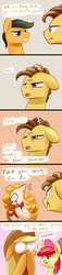 Size: 1200x5288 | Tagged: safe, artist:underpable, apple bloom, applejack, filthy rich, grand pear, pear butter, earth pony, pony, g4, the perfect pear, ..., apple, caught, comic, eating, failed a spot check, food, high res, male, silly, silly pony, stallion, who's a silly pony, worried, young grand pear, younger
