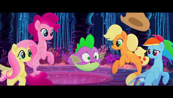Size: 1280x720 | Tagged: safe, screencap, applejack, fluttershy, pinkie pie, rainbow dash, spike, earth pony, pegasus, puffer fish, seapony (g4), unicorn, g4, my little pony: the movie, applejack's hat, clothes, coral, cowboy hat, dorsal fin, fin, fin wings, fins, flowing mane, flowing tail, glowing, hat, ocean, scales, seaponified, seapony applejack, seapony fluttershy, seapony pinkie pie, seapony rainbow dash, seaquestria, see-through, species swap, spike the pufferfish, swimming, tail, underwater, water, wings, youtube link
