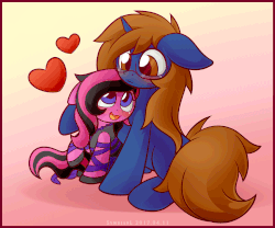 Size: 1350x1125 | Tagged: safe, alternate version, artist:symbianl, oc, oc only, oc:skittles, oc:spec steele, pony, animated, chipped horn, clothes, draft horse, dress, female, gif, glasses, gradient background, heart, male, shipping, size difference, straight