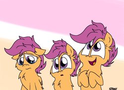 Size: 1200x872 | Tagged: safe, artist:kdbrony, scootaloo, pony, g4, chest fluff, cute, cutealoo, expressions, fluffy, happy, multeity, sad, scootalots, triality, trio