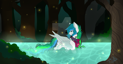 Size: 1024x537 | Tagged: safe, artist:twisted-sketch, oc, oc only, oc:twisted ribbon, firefly (insect), pegasus, pony, clothes, female, forest, large wings, mare, night, scarf, solo, water, watermark, wings