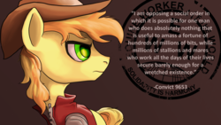 Size: 2870x1614 | Tagged: safe, artist:aaronmk, braeburn, earth pony, pony, g4, eugene v. debs, male, mouthpiece, quote, simple background, socialism, solo, union