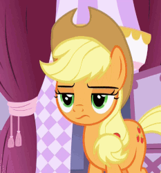 Size: 815x876 | Tagged: safe, screencap, applejack, earth pony, pony, g4, honest apple, season 7, :s, animated, applejack is not amused, cropped, female, gif, lidded eyes, looking back and forth, loop, mare, solo, unamused, unimpressed, wavy mouth