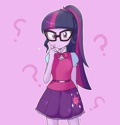 Size: 980x1024 | Tagged: safe, artist:haden-2375, sci-twi, twilight sparkle, equestria girls, equestria girls specials, g4, clothes, curious, cute, cutie mark on clothes, female, glasses, moe, necktie, ponytail, purple background, question mark, signature, simple background, skirt, solo, twiabetes