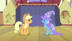 Size: 1920x1080 | Tagged: safe, screencap, applejack, trixie, pony, boast busters, g4, cape, clothes, hat, trixie's cape, trixie's hat