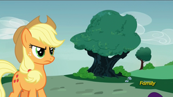 Size: 1920x1080 | Tagged: safe, screencap, applejack, earth pony, pony, g4, honest apple, my little pony: friendship is magic, angry, discovery family logo, female, horizon, mare, solo, tree