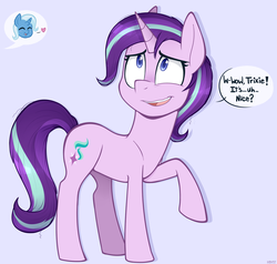 Size: 1250x1188 | Tagged: safe, artist:higglytownhero, starlight glimmer, trixie, pony, unicorn, g4, alternate hairstyle, dialogue, female, mane swap, mare, offscreen character, simple background, solo