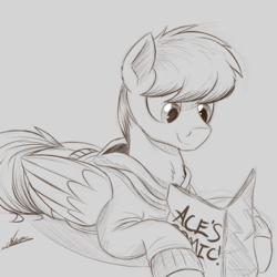 Size: 2048x2048 | Tagged: safe, artist:ncmares, oc, oc only, oc:equalizer, pegasus, pony, clothes, commission, dialogue, gray background, high res, hoodie, male, monochrome, prone, reading, simple background, sketch, solo, stallion