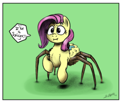 Size: 1200x1000 | Tagged: safe, artist:silverhopexiii, fluttershy, monster pony, original species, spiderpony, comic:children of everfree, g4, chest fluff, cute, dialogue, fangs, female, fluffy, green background, multiple eyes, simple background, solo, species swap, speech bubble, spidershy