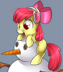 Size: 461x532 | Tagged: safe, artist:moenkin, artist:swanlullaby, apple bloom, earth pony, pony, g4, adorabloom, cropped, cute, earmuffs, female, gray background, simple background, snowman, solo
