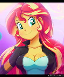 Size: 850x1022 | Tagged: safe, artist:the-butch-x, sunset shimmer, equestria girls, g4, arms, beautiful, beautiful eyes, beautiful hair, big breasts, breasts, busty sunset shimmer, cleavage, clothes, cute, female, happy, heart eyes, jacket, leather jacket, long hair, redraw, shimmerbetes, signature, smiling, solo, standing, teenager, top, wingding eyes