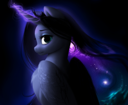 Size: 1952x1603 | Tagged: safe, artist:katputze, princess luna, alicorn, pony, g4, female, galaxy mane, looking at you, looking back, magic, mare, missing accessory, smiling, solo