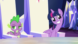 Size: 1280x720 | Tagged: safe, screencap, spike, twilight sparkle, alicorn, dragon, pony, g4, to where and back again, cute, twilight sparkle (alicorn)