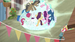 Size: 1280x720 | Tagged: safe, screencap, amethyst skim, barren hymn, cool beans, double diamond, flower flight, ivy vine, log jam, night glider, party favor, sugar belle, earth pony, pegasus, pony, unicorn, g4, to where and back again, background pony, female, force field, freeze frame, implied starlight glimmer, male, mare, spread eagle, stallion, unnamed character, unnamed pony