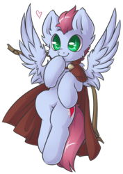 Size: 1221x1721 | Tagged: safe, artist:sapphfyr, oc, oc only, oc:cupid strike, pegasus, pony, arrow, bow (weapon), bow and arrow, cape, clothes, flying, heart, simple background, solo, transparent background, weapon