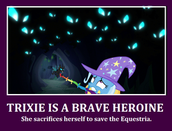 Size: 690x528 | Tagged: safe, edit, edited screencap, screencap, trixie, changeling, pony, g4, to where and back again, clothes, eyes in the dark, female, hat, image macro, mare, meme, trixie's hat, wizard hat
