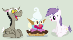 Size: 3182x1740 | Tagged: safe, artist:punzil504, discord, princess celestia, pegasus, pony, for the pony who has everything, forever filly, g4, spoiler:comic, spoiler:comic50, clown surprise, eating, food, ice cream, idw showified, ponified, pony discord, simple background, transformed