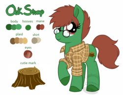 Size: 1024x790 | Tagged: safe, artist:tambelon, oc, oc only, oc:oak stump, pony, clothes, female, glasses, mare, reference sheet, shirt, simple background, solo, tomboy, watermark