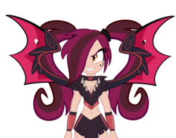 Size: 1024x808 | Tagged: dead source, safe, artist:wubcakeva, oc, oc only, oc:scarlett, succubus, equestria girls, g4, armor, belly button, clothes, equestria girls-ified, evil smile, fangs, grin, hair over one eye, midriff, simple background, skirt, smiling, solo, spread wings, transparent background, unconvincing armor, wings