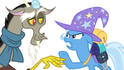 Size: 5760x3240 | Tagged: safe, artist:timeymarey007, discord, trixie, pony, unicorn, g4, to where and back again, .svg available, absurd resolution, angry, backpack, clothes, female, hat, male, mare, scarf, simple background, transparent background, trixie's hat, vector