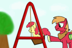 Size: 560x373 | Tagged: safe, artist:hoofclid, apple bloom, big macintosh, earth pony, pony, g4, adorabloom, animated, basket, brother and sister, cute, duo, female, gif, macabetes, male, missing accessory, older male, siblings, swing, swinging, tree, younger female