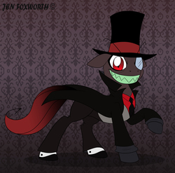 Size: 2235x2209 | Tagged: safe, artist:foxbeast, pony, black hat (villainous), grin, hat, high res, ponified, raised hoof, sharp teeth, smiling, solo, teeth, top hat, villainous