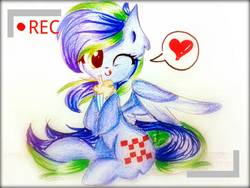 Size: 1024x768 | Tagged: safe, artist:liaaqila, oc, oc only, oc:felicity stars, pegasus, pony, camera shot, commission, cute, female, heart, looking at you, milkshake, one eye closed, pictogram, solo, traditional art, wink