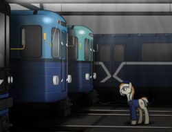 Size: 1513x1157 | Tagged: safe, artist:subway777, oc, oc only, oc:godgi, earth pony, pony, 81-717/714, clothes, conductor, lens flare, metro, moscow metro, russia, solo, subway, train