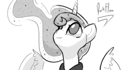 Size: 1280x720 | Tagged: dead source, safe, artist:darkflame75, princess luna, alicorn, pony, lunadoodle, g4, bust, female, gray background, grayscale, looking up, mare, monochrome, no pupils, portrait, simple background, solo, white background