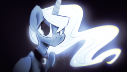 Size: 1280x720 | Tagged: dead source, safe, artist:darkflame75, princess luna, alicorn, pony, lunadoodle, g4, bust, female, glowing mane, looking at you, mare, portrait, solo