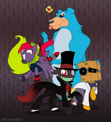 Size: 3412x3743 | Tagged: safe, artist:foxbeast, pony, unicorn, 505, black hat (villainous), crossover, demencia, dr. flug, high res, paper bag, ponified, villainous