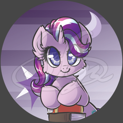 Size: 400x400 | Tagged: safe, artist:sapphfyr, part of a set, starlight glimmer, pony, unicorn, g4, book, button, button design, colored pupils, cutie mark, female, obtrusive watermark, smiling, solo, watermark