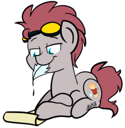 Size: 2773x2833 | Tagged: safe, artist:befishproductions, oc, oc only, oc:anchor kwill, earth pony, pony, goggles, high res, male, mouth hold, prone, quill, signature, simple background, solo, stallion, transparent background