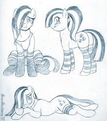 Size: 774x879 | Tagged: safe, artist:brianblackberry, marble pie, earth pony, pony, g4, blushing, clothes, female, pencil drawing, sketch, socks, solo, striped socks, traditional art