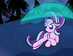 Size: 3300x2550 | Tagged: safe, artist:skyflys, starlight glimmer, pony, unicorn, g4, colored pupils, cute, female, glimmerbetes, glowing horn, high res, horn, lying down, magic, mare, rain, solo