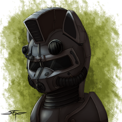 Size: 1000x1000 | Tagged: safe, artist:setharu, oc, oc only, oc:steelhooves, earth pony, pony, fallout equestria, abstract background, armor, bust, fanfic, fanfic art, male, portrait, power armor, signature, solo, stallion, steel ranger