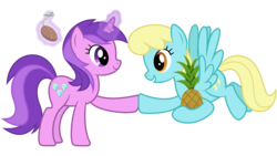 Size: 5760x3240 | Tagged: safe, artist:sollace, artist:timeymarey007, amethyst star, sassaflash, sparkler, pegasus, pony, unicorn, g4, trade ya!, .svg available, absurd resolution, cute, dead link in description, female, flying, food, magic, mare, pineapple, potato, show accurate, side view, simple background, that pony sure does love pineapples, trading, transparent background, vector