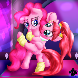 Size: 3000x3000 | Tagged: safe, artist:katakiuchi4u, pacific glow, pinkie pie, earth pony, pony, g4, dancing, duo, female, high res, leg warmers, lesbian, lidded eyes, mare, ship:pacificpie, shipping, smiling