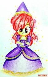 Size: 674x1080 | Tagged: safe, artist:liaaqila, apple bloom, equestria girls, for whom the sweetie belle toils, g4, clothes, commission, crossed arms, dress, female, hennin, looking at you, princess apple bloom, simple background, smiling, smirk, solo, traditional art, white background