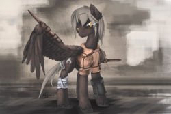Size: 2400x1600 | Tagged: safe, artist:weirdcloud, oc, oc only, pegasus, pony, fallout equestria, apocalypse, engineer, fanfic, fanfic art, kolijoker, pipbuck, solo, wasteland