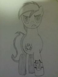 Size: 3096x4128 | Tagged: artist needed, safe, oc, oc only, oc:element 115 war-unit " k' ", pony, robot, female, filly, glare, high res, looking at you, monochrome, solo