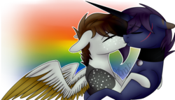 Size: 984x563 | Tagged: safe, artist:sweetmelon556, oc, oc only, pegasus, pony, unicorn, colored wings, colored wingtips, gay, kissing, male, rainbow background, stallion