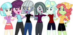 Size: 4557x2216 | Tagged: safe, artist:ironm17, coco pommel, limestone pie, marble pie, sugar belle, tree hugger, vapor trail, equestria girls, g4, bandana, blouse, clothes, equestria girls-ified, group, hand on hip, high res, looking at each other, open mouth, shirt, short-sleeved sweater, shorts, simple background, skirt, sleeveless sweater, sleeveless turtleneck, smiling, sweatband, t-shirt, transparent background, vector