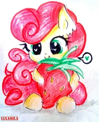 Size: 868x1064 | Tagged: safe, artist:liaaqila, strawberry sunrise, pegasus, pony, g4, honest apple, cute, female, heart eyes, herbivore, looking at you, mare, signature, simple background, solo, strawwberry sunrise, that pony sure does love strawberries, traditional art, white background, wingding eyes
