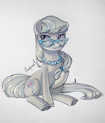 Size: 1097x1280 | Tagged: safe, artist:sapraitlond, silver spoon, earth pony, pony, g4, female, glasses, jewelry, mare, necklace, pearl necklace, raised hoof, sitting, solo, traditional art, underhoof