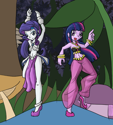 Size: 560x620 | Tagged: safe, artist:mythkaz, rarity, twilight sparkle, human, equestria girls, g4, armpits, bandeau, belly button, belly dancer, bocas top, commission, female, loincloth, midriff, see-through, singing belly dancing rainbooms