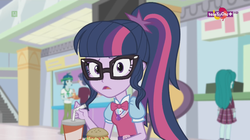 Size: 1136x638 | Tagged: safe, screencap, captain planet, cold forecast, sci-twi, twilight sparkle, equestria girls, equestria girls specials, g4, my little pony equestria girls: mirror magic, background human, bowtie, burger, canterlot mall, food, geode of telekinesis, glasses, hamburger, magical geodes, ponytail, soda, teletoon, worried