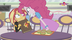 Size: 1136x638 | Tagged: safe, screencap, pinkie pie, sunset shimmer, equestria girls, equestria girls specials, g4, my little pony equestria girls: mirror magic, burger, canterlot mall, food, hamburger, scared, screaming, serving tray, teletoon